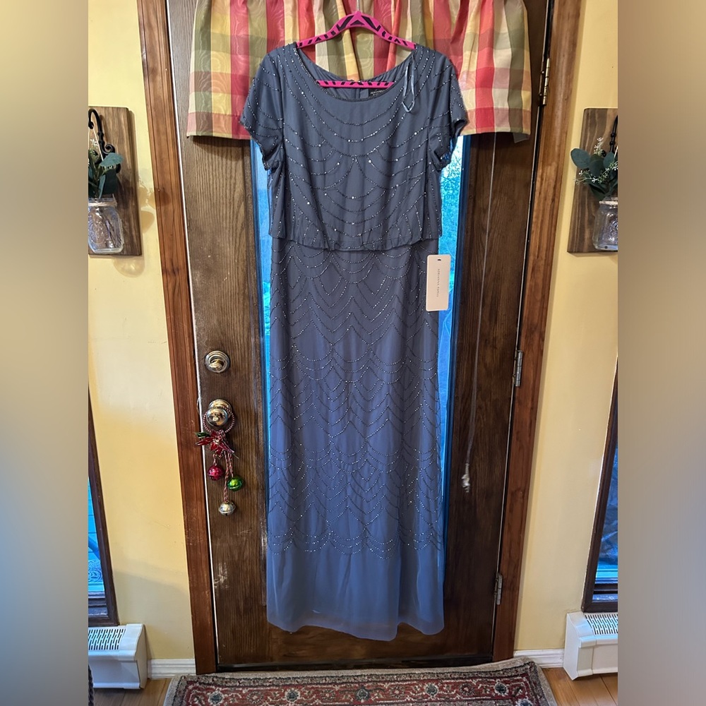 Adrianna Papell Charcoal Beaded Maxi Dress